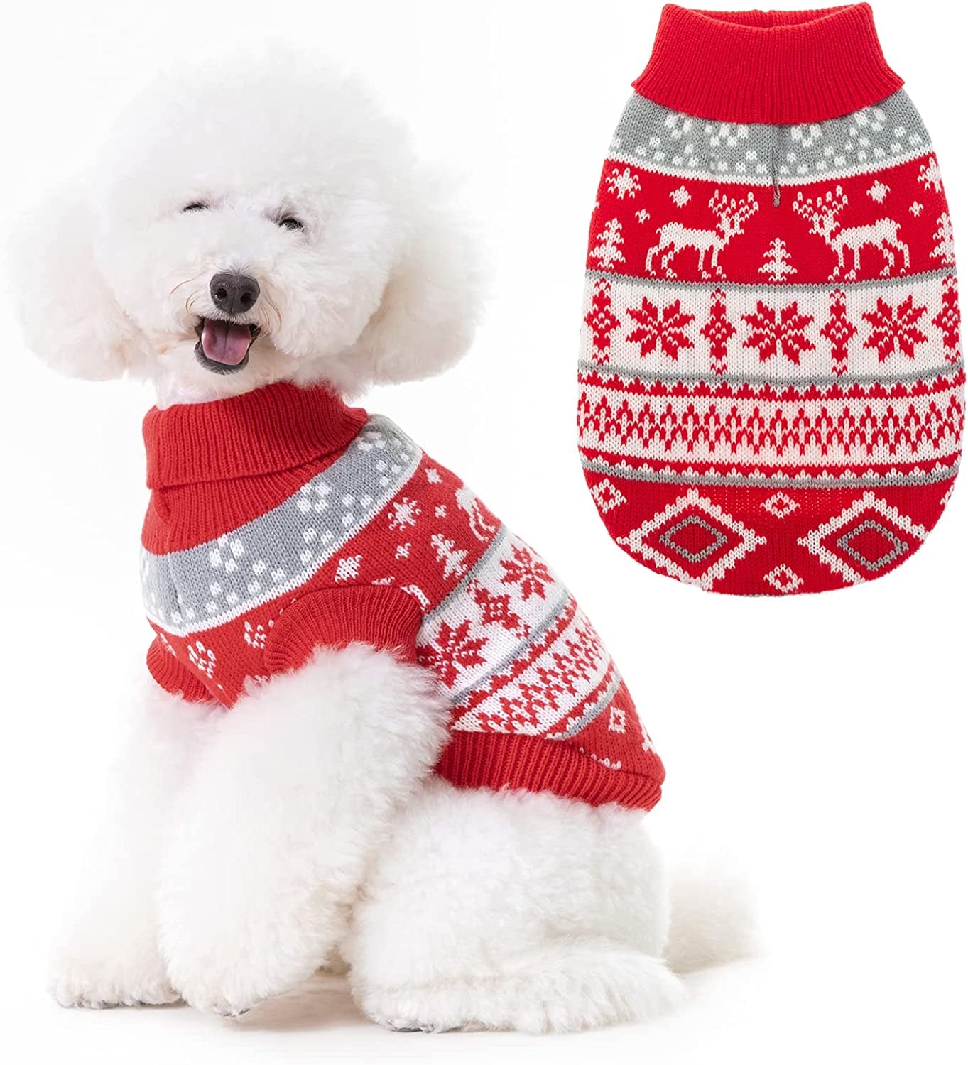 Christmas Snowflake Turtleneck Dog Sweater - Cute Pullover Pet Knitwear Cold Weather Clothes Outfit for Cats & Dogs Animals & Pet Supplies > Pet Supplies > Dog Supplies > Dog Apparel BINGPET Small (Chest Girth 18.3")  