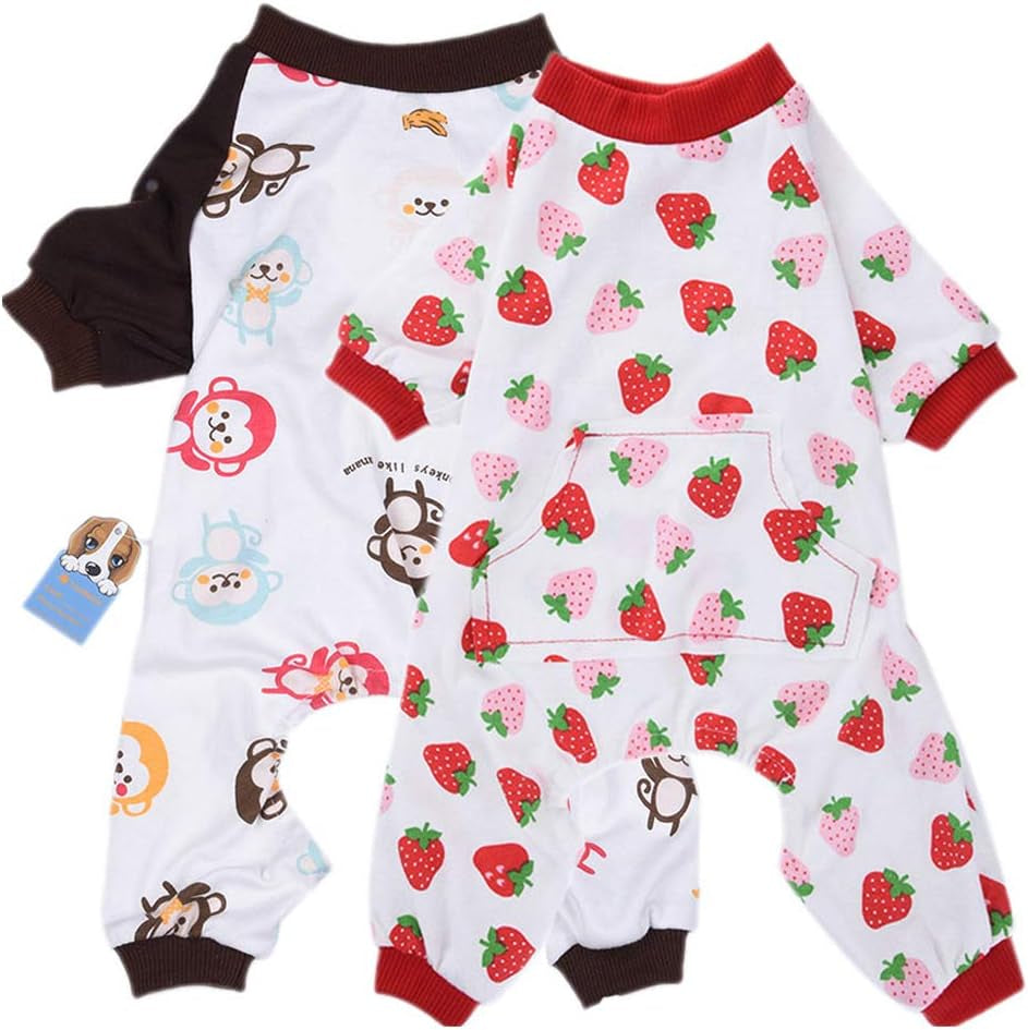 2-Pack Dog Clothes Dogs Cats Onesie Soft Dog Pajamas Cotton Puppy Rompers Pet Jumpsuits Cozy Bodysuits for Small Dogs and Cats Animals & Pet Supplies > Pet Supplies > Dog Supplies > Dog Apparel HL Monkey & Strawberry XS 