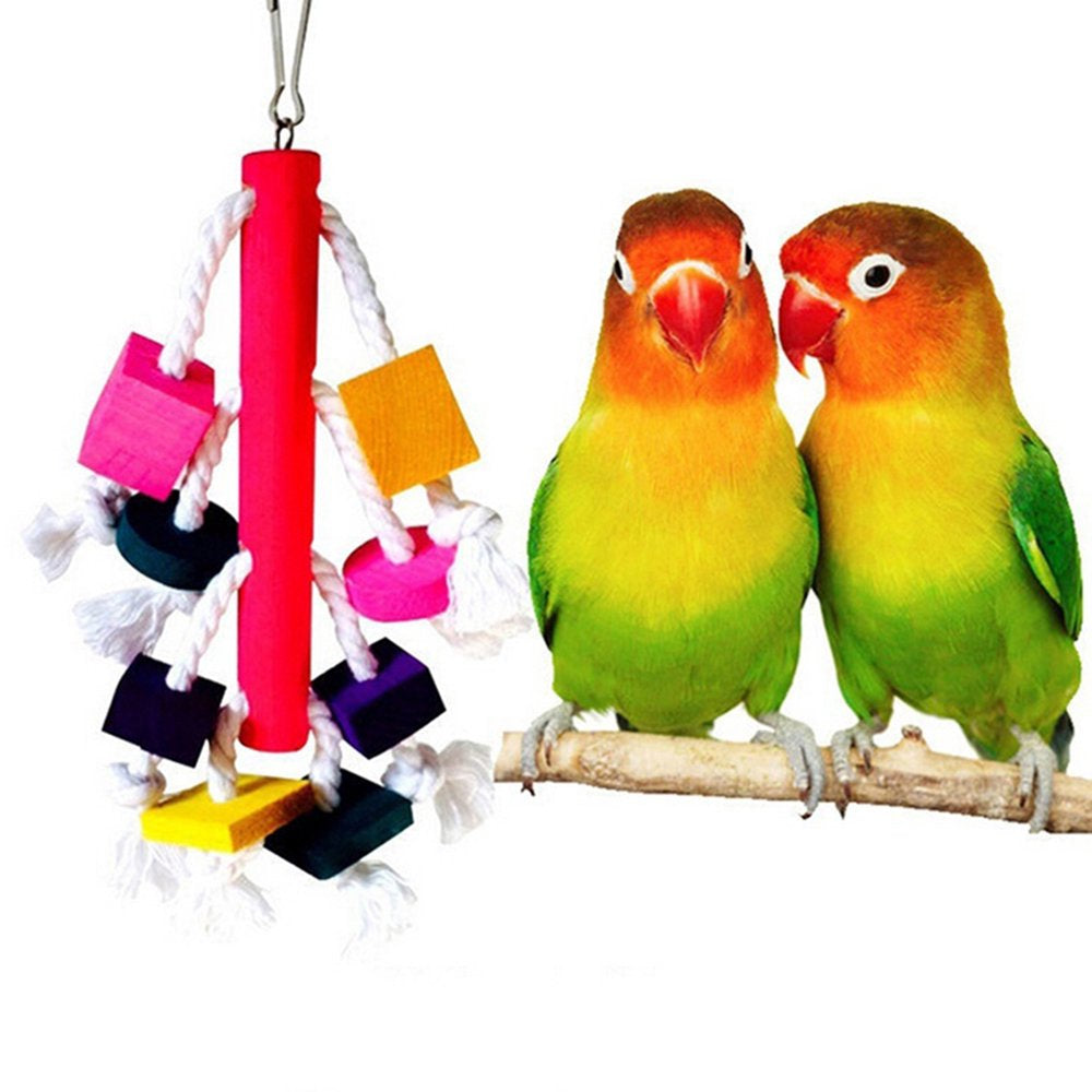 SPRING PARK Wooden Knots Block Parrot Toys with Bells, Bird Chewing Cotton Rope Toy for Medium and Large Parrots,Cockatoo,African Grey,Macaws