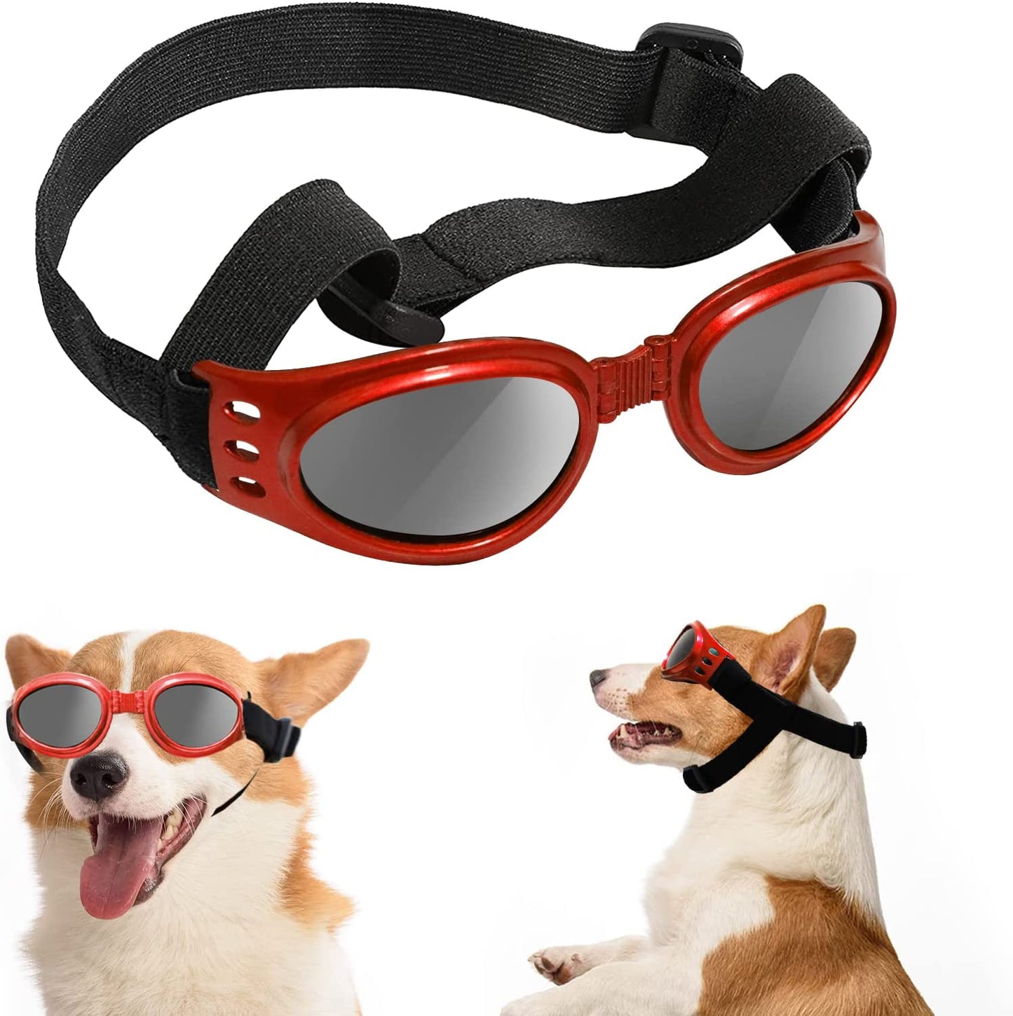 Franyyco Small Dog Sunglasses UV Protection Goggles with Adjustable Straps, Conditionable at Nose Bridge, Frame with Breathing Holes and High Density Sponge, Windproof Dustproof Anti-Fog Glasses Animals & Pet Supplies > Pet Supplies > Dog Supplies > Dog Apparel FranyyCo Red  