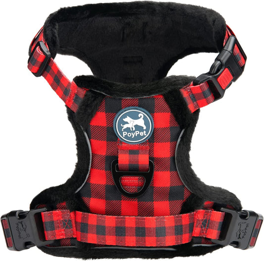 Poypet Plush Dog Harness, Soft Padded No Pull Vest Harness, Reflective Adjustable Escape Proof with Easy Control Handle for Small Medium Large Dogs(Checkered Red,L) Animals & Pet Supplies > Pet Supplies > Dog Supplies > Dog Apparel PoyPet Checkered Red Medium 