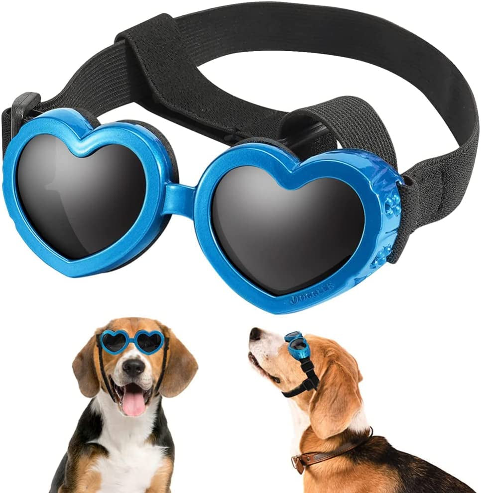 Mekek Dog Sunglasses Dog Goggles, UV Protection Doggy Sunglasses Love Shaped Dog Sunglasses Fashionable Vintage Pet Glasses Eye Wear Protection with Adjustable Strap for Small or Medium Dog Animals & Pet Supplies > Pet Supplies > Dog Supplies > Dog Apparel Mekek blue  