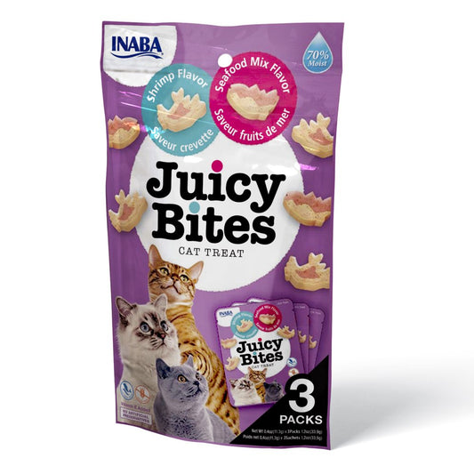 INABA Juicy Bites Grain-Free, Soft, Moist, Chewy Cat Treats with Vitamin E and Green Tea Extract, 0.4 Ounces per Pouch, 3 Pouches, Shrimp and Seafood Mix Animals & Pet Supplies > Pet Supplies > Cat Supplies > Cat Treats Inaba Foods (USA) Inc. Shrimp Seafood Mix  