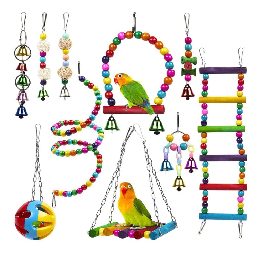 10Pcs Wooden Parrot Ladders Hammock Bird Cage Swing Perch Stand Hanging Chew Ball Bell Puzzle Toys Animals & Pet Supplies > Pet Supplies > Bird Supplies > Bird Ladders & Perches VHUNT   