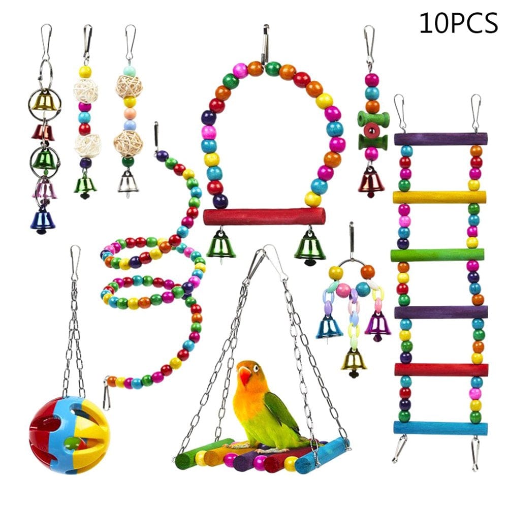 10Pcs Wooden Parrot Ladders Hammock Bird Cage Swing Perch Stand Hanging Chew Ball Bell Puzzle Toys for Small Parrots Conures Love Birds