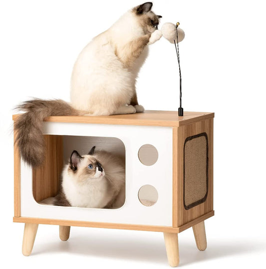 MZDXJ Cat House Wooden Cat Condo Cat Bed Indoor Tv-Shaped Sturdy Large Luxury Cat Shelter Furniture with Cushion Cat Scratcher Bell Ball Toys Animals & Pet Supplies > Pet Supplies > Cat Supplies > Cat Furniture MZDXJ   