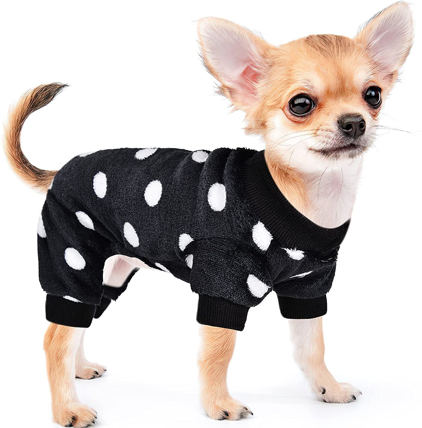 Chihuahua Pajamas for Dogs Small Puppy Pjs Fleece Winter Warm Dog Jumpsuit Cute Pet Clothes Tiny Dog Sweater Clothing Yorkie Teacup Outfits (X-Small) Animals & Pet Supplies > Pet Supplies > Dog Supplies > Dog Apparel Sebaoyu Polka dot black Small/(2.2-4.4 lb) 