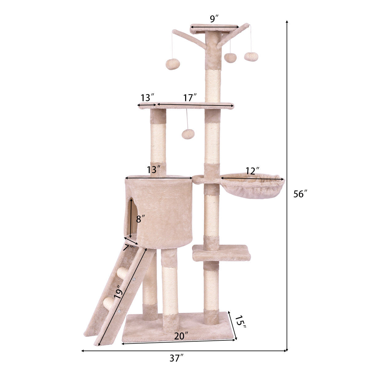 Gymax 56'' Cat Tree Kitten Pet Play House Furniture Condo Scratching Posts Ladder Beige Animals & Pet Supplies > Pet Supplies > Cat Supplies > Cat Furniture Gymax   