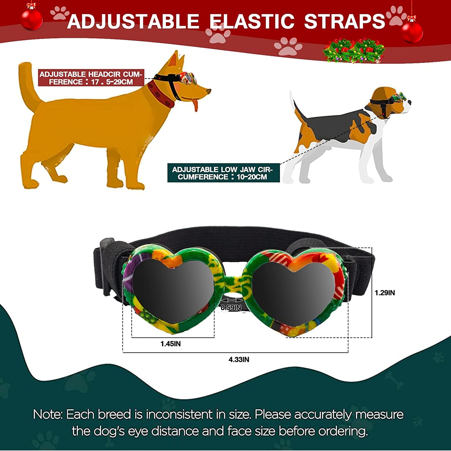 Dog Goggles, Christmas Small Dog Sunglasses, UV Protection Goggles with Adjustable Strap, Doggy Heart Shape Windproof Anti-Fog Pet Glasses for Puppy Eyes Wear Protective (Christmas-Green) Animals & Pet Supplies > Pet Supplies > Dog Supplies > Dog Apparel 8965232151   