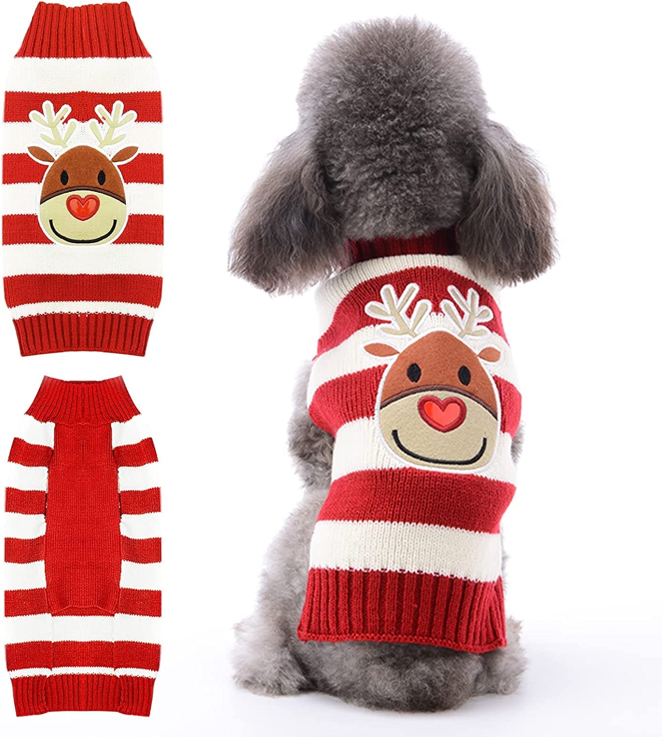 TENGZHI Dog Christmas Sweater Ugly Xmas Puppy Clothes Costume Warm Knitted Cat Outfit Jumper Cute Reindeer Pet Clothing for Small Medium Large Dogs Cats（S,Black） Animals & Pet Supplies > Pet Supplies > Dog Supplies > Dog Apparel Yi Wu Shi Teng Zhi Dian Zi Shang Wu You Xian Gong Si Striped Reindeer X-Small 