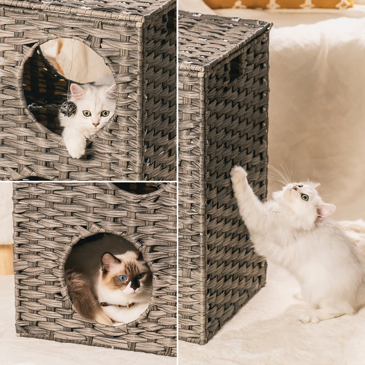 Topcobe Indoor Wicker Cat Condos with Rattan Ball & Cushion, Rattan Pet Bed for Kitty, Gray