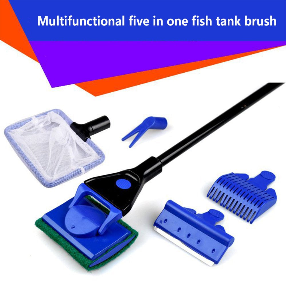 Tureclos Fish Tank Brush Mesh 5 in 1 Dirt Catcher Household Accessories Scraper Fork Aquarium Supplies Dust Remover Washable Cleaning Kit