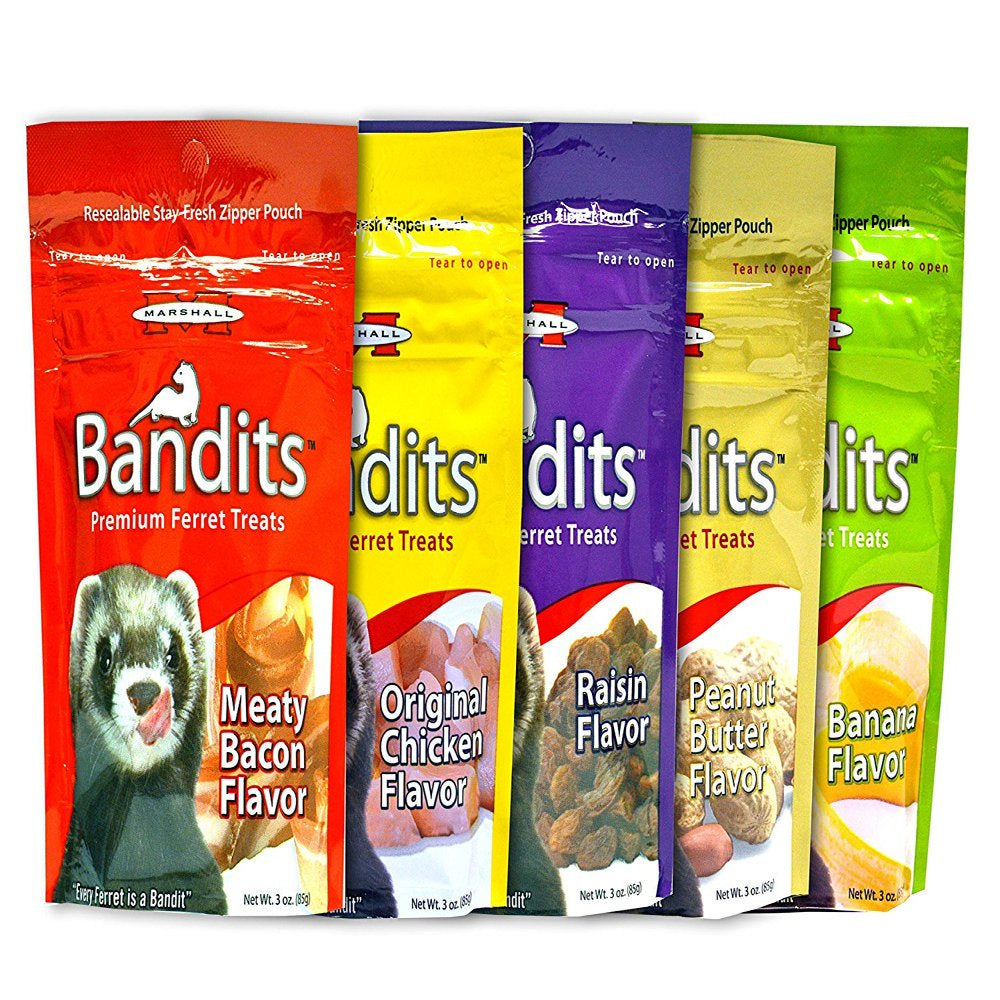 Marshall Bandits Premium Ferret Treats Variety Pack - 5 Flavors Chicken, Raisin, Peanut Butter, Banana, and Meaty Bacon - 3 Ounces Each 5 Total Pouches Animals & Pet Supplies > Pet Supplies > Small Animal Supplies > Small Animal Treats MARSHALL   