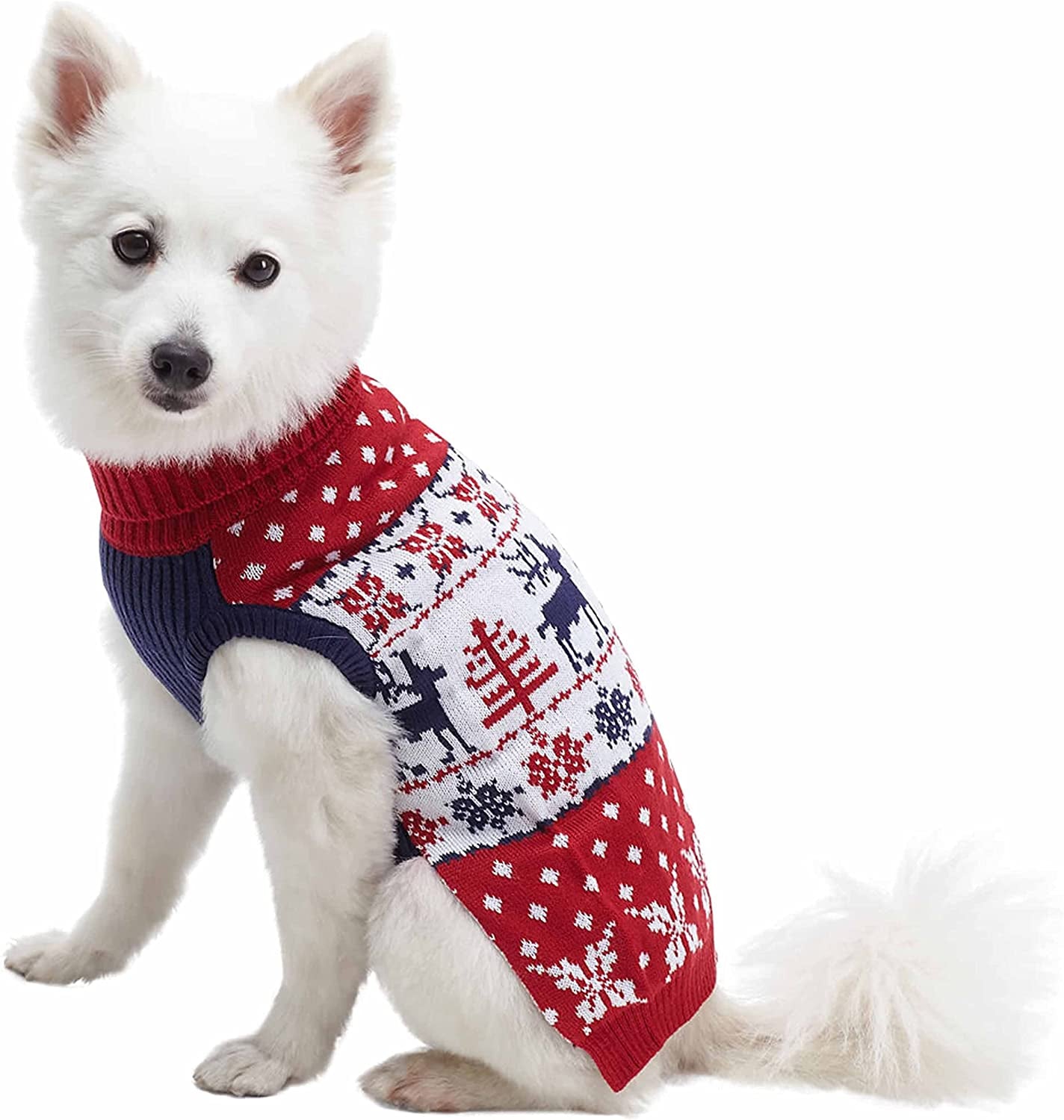 Blueberry Pet Ugly Christmas Reindeer Dog Sweater Turtleneck Holiday Family Matching Clothes for Dog, Tango Red & Navy Blue, Back Length 12", Warm Winter Outfit for Small Dogs Animals & Pet Supplies > Pet Supplies > Dog Supplies > Dog Apparel Blueberry Pet   