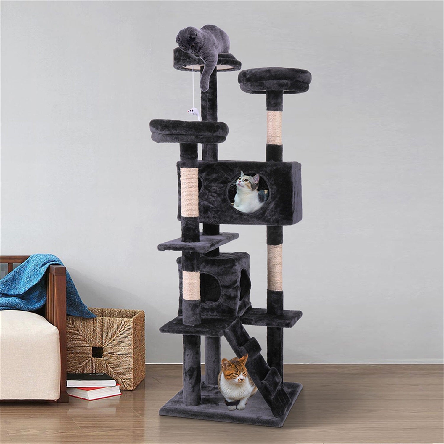 Pefilos 59" Multi-Level Cat Tree Condo Furniture Cat Tree for Large Adult Cat, 2 Plush Condos, Cat Condo for Multiple Cats Hammock for Kittens, Cat Tree Tower for Indoor Cats and Pets, Black Animals & Pet Supplies > Pet Supplies > Cat Supplies > Cat Furniture Pefilos   