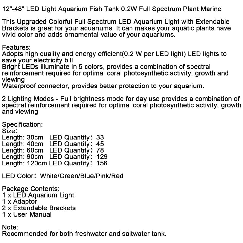 12"-48" LED Light Aquarium Fish Tank 0.5W Full Spectrum Plant Marine