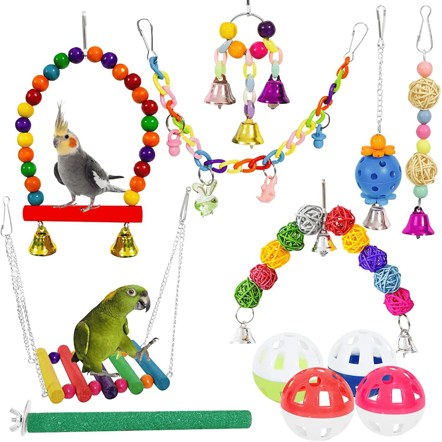 12 Packs Bird Toys Parrot Swing Toys - Chewing Hanging Bell Pet Birds Cage Toys Suitable for Small Parakeets, Conures, Love Birds, Cockatiels, Macaws, Finches