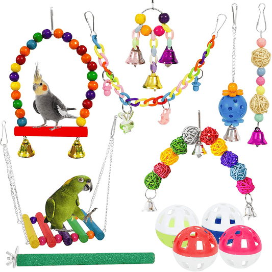 12 Packs Bird Toys Parrot Swing Toys - Chewing Hanging Bell Pet Birds Cage Toys Suitable for Small Parakeets, Conures, Love Birds, Cockatiels, Macaws, Finches Animals & Pet Supplies > Pet Supplies > Bird Supplies > Bird Cage Accessories ICOSHOW   