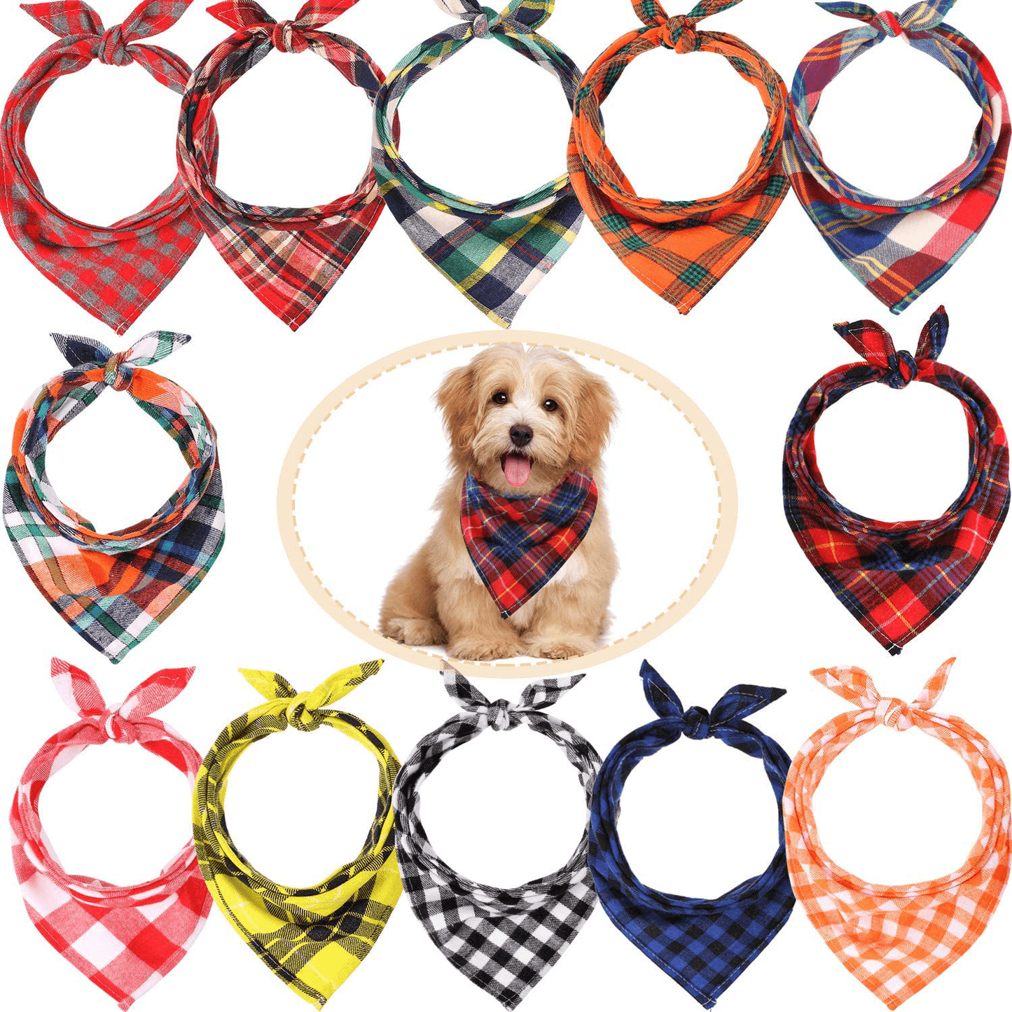 12 Pieces Dog Bandanas - Triangle Dog Scarf, Washable Reversible Printing, Bibs Dog Kerchief Set, Suitable for Small or Medium-Sized Cat and Dog Pets Animals & Pet Supplies > Pet Supplies > Cat Supplies > Cat Apparel Syhood Lattice Graphic  