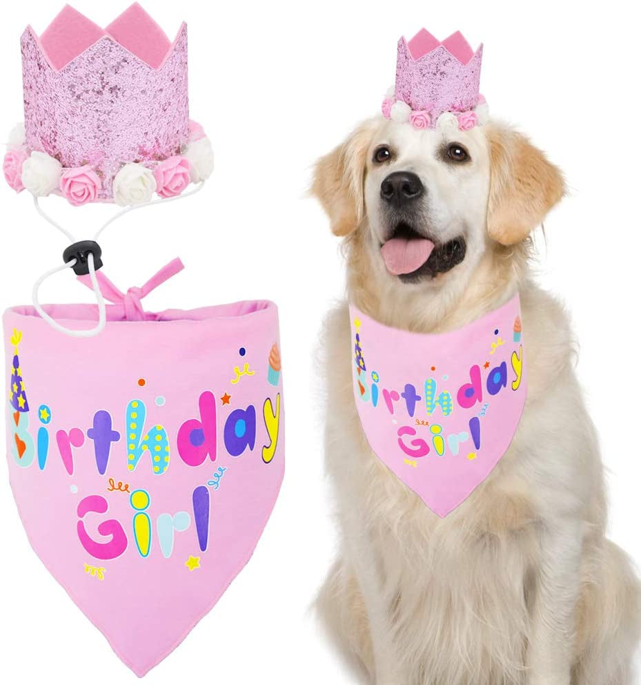 Dog Birthday Bandana Boy Scarf and Crown Dog Birthday Hat, Flower Headwear for Medium to Large Dogs Blue Animals & Pet Supplies > Pet Supplies > Dog Supplies > Dog Apparel Barleygoo Pink Floral 