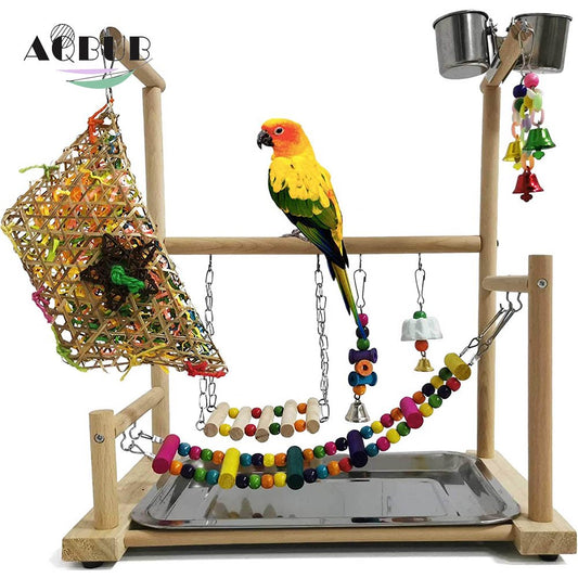 Parrots Play a Bird Playground Conures Play a Wooden Perch Gym Games Pen Ladders Parrot Cage Accessories Sports Toys Swing Feeding Cup Cockatoos Love Birds