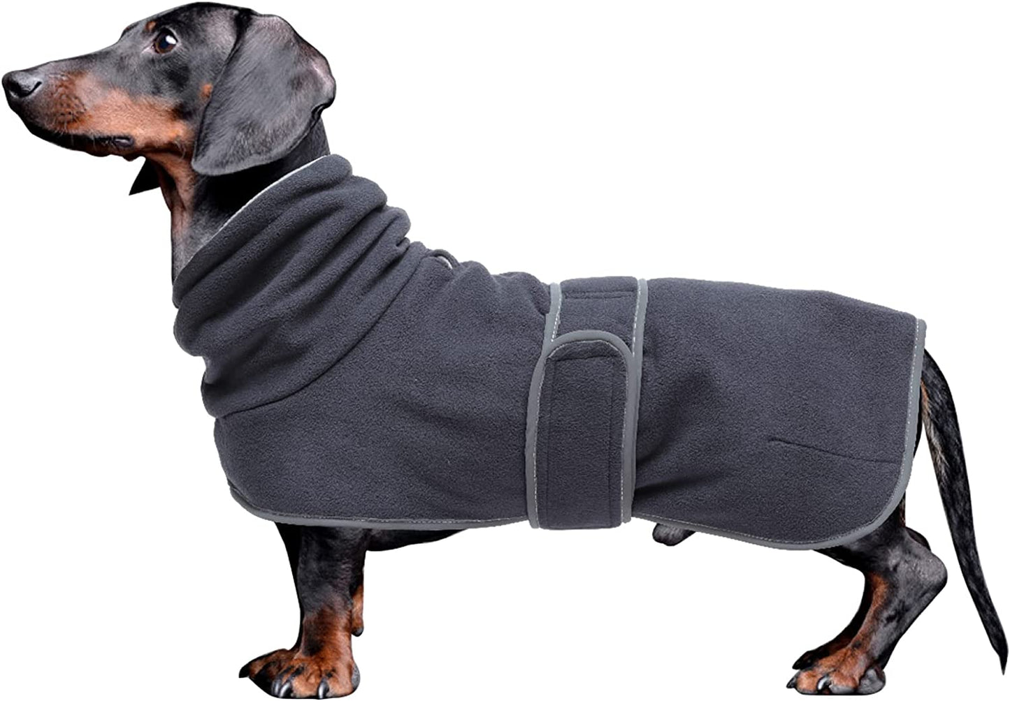 Dachshund Coats Sausage Dog Fleece Coat in Winter Miniature Dachshund Clothes with Hook and Loop Closure and High Vis Reflective Trim Safety - Red - S Animals & Pet Supplies > Pet Supplies > Dog Supplies > Dog Apparel Morezi Dark Gray Medium(Back: 17"-18"in) 