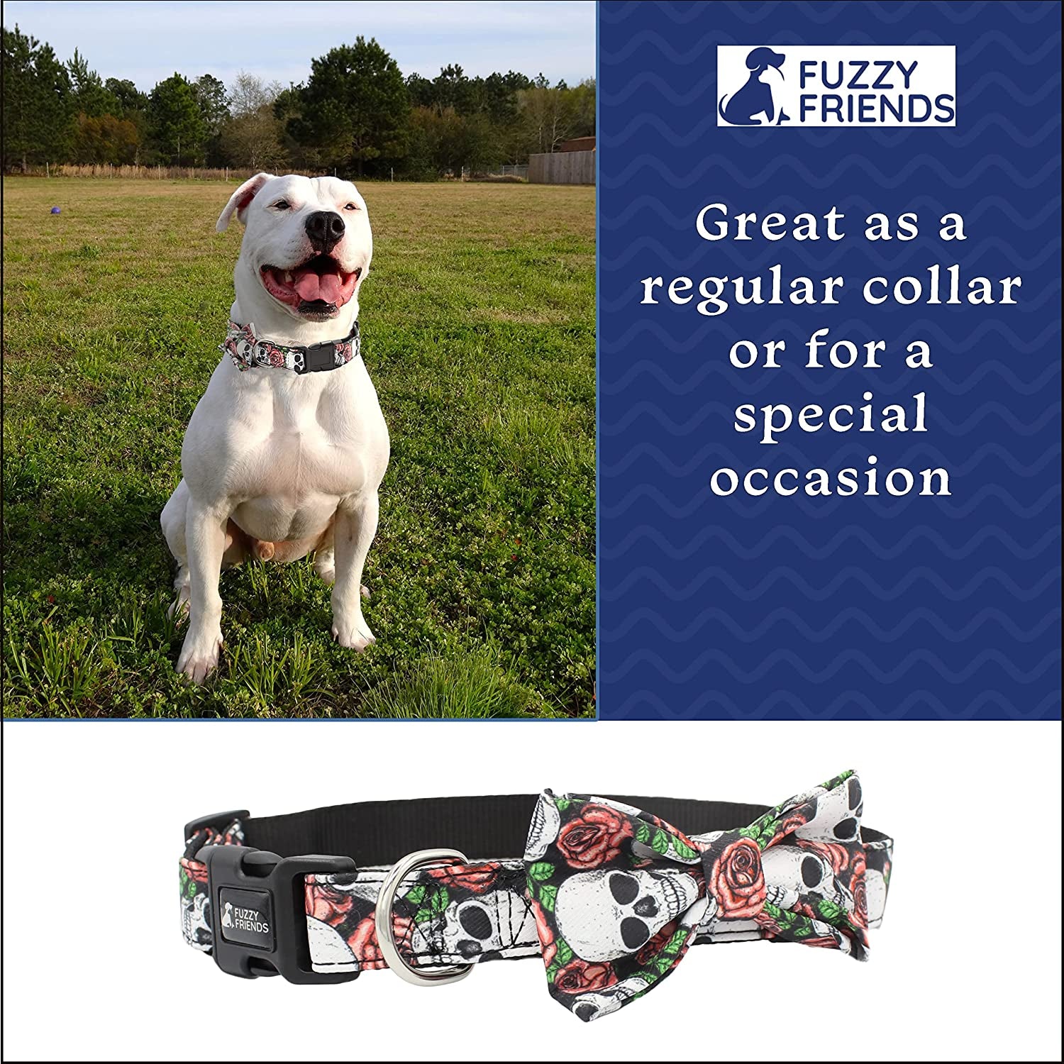 Sugar Skull and Roses Dog Bow Tie Collar with Optional Matching Leash Set. Great Dog Bow Tie for Any Occasion. One of the Most Durable Male or Female Dog Collars for Large Breeds or Small Animals & Pet Supplies > Pet Supplies > Dog Supplies > Dog Apparel Fuzzy Friends   