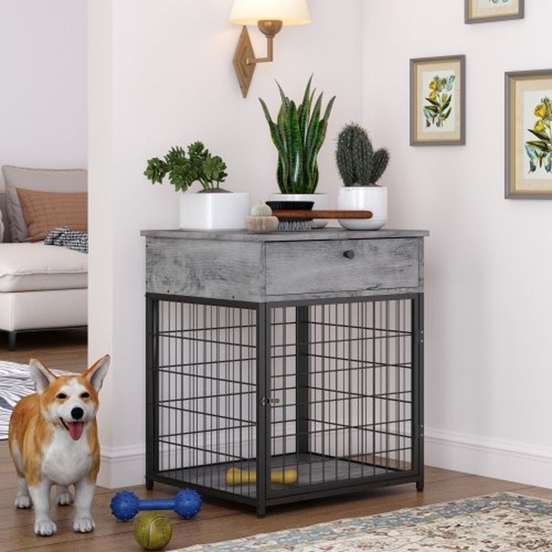 JINS&VICO Furniture Style Dog Crate End Table with Storage Drawer,Wood Pet Side Table Bed Nightstand,Indoor Use Chew-Proof Dog House for Small Dogs,Rustic Brown Animals & Pet Supplies > Pet Supplies > Dog Supplies > Dog Houses JINS & VICO Gray  