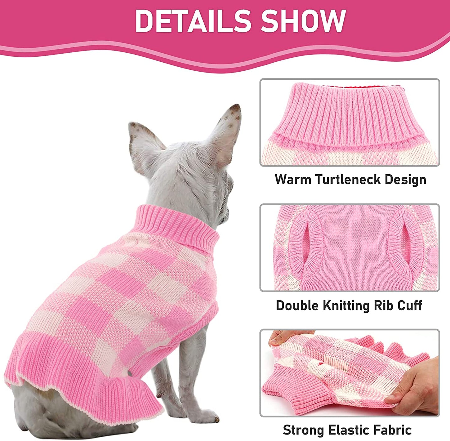 Dasior Pet Dog Sweater, Soft Turtleneck Knitted Plaid Stretch Pullover, Warm Knitwear Winter Clothes (Pink, Small) Animals & Pet Supplies > Pet Supplies > Dog Supplies > Dog Apparel Dasior   