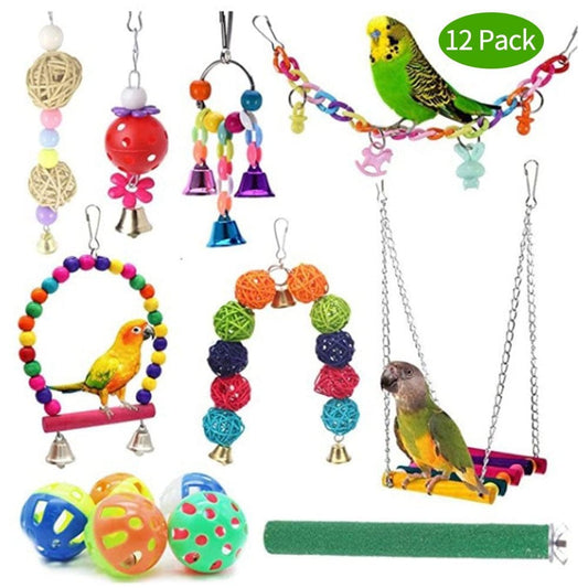 12Pcs Combination Parrot Toys Bird Articles Parrot Bite Toys Parakeet Interesting Swing Ball Bell Standing Training Toys Animals & Pet Supplies > Pet Supplies > Bird Supplies > Bird Toys Firlar   