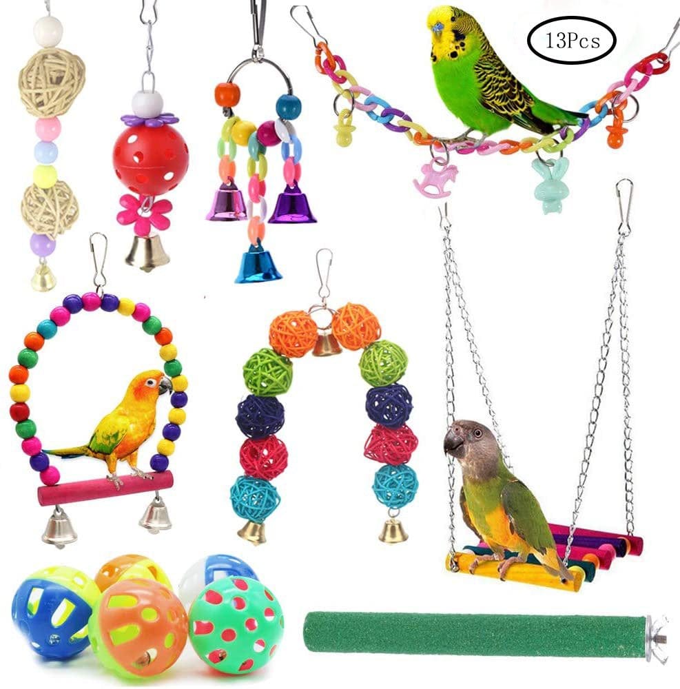 12Pcs Combination Parrot Toys Bird Articles Parrot Bite Toys Parakeet Interesting Swing Ball Bell Standing Training Toys
