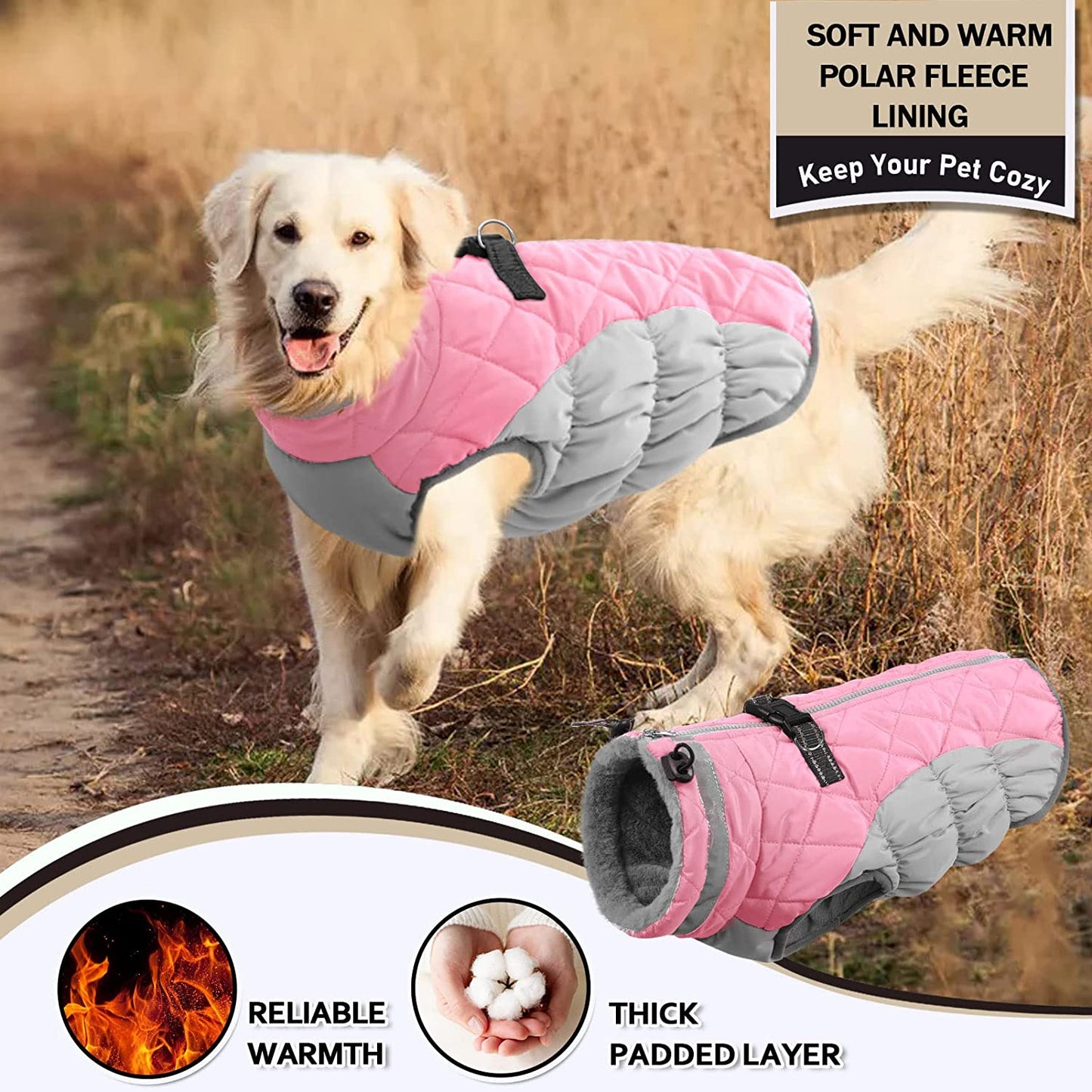 AOFITEE Winter Dog Coat Warm Fleece Dog Jacket for Cold Weather, Reflective Zip up Puppy Dog Snowproof Vest with Leash Ring, Outdoor Pet Sweater Snowsuit Apparel for Small Medium Large Dogs, Pink S Animals & Pet Supplies > Pet Supplies > Dog Supplies > Dog Apparel AOFITEE   