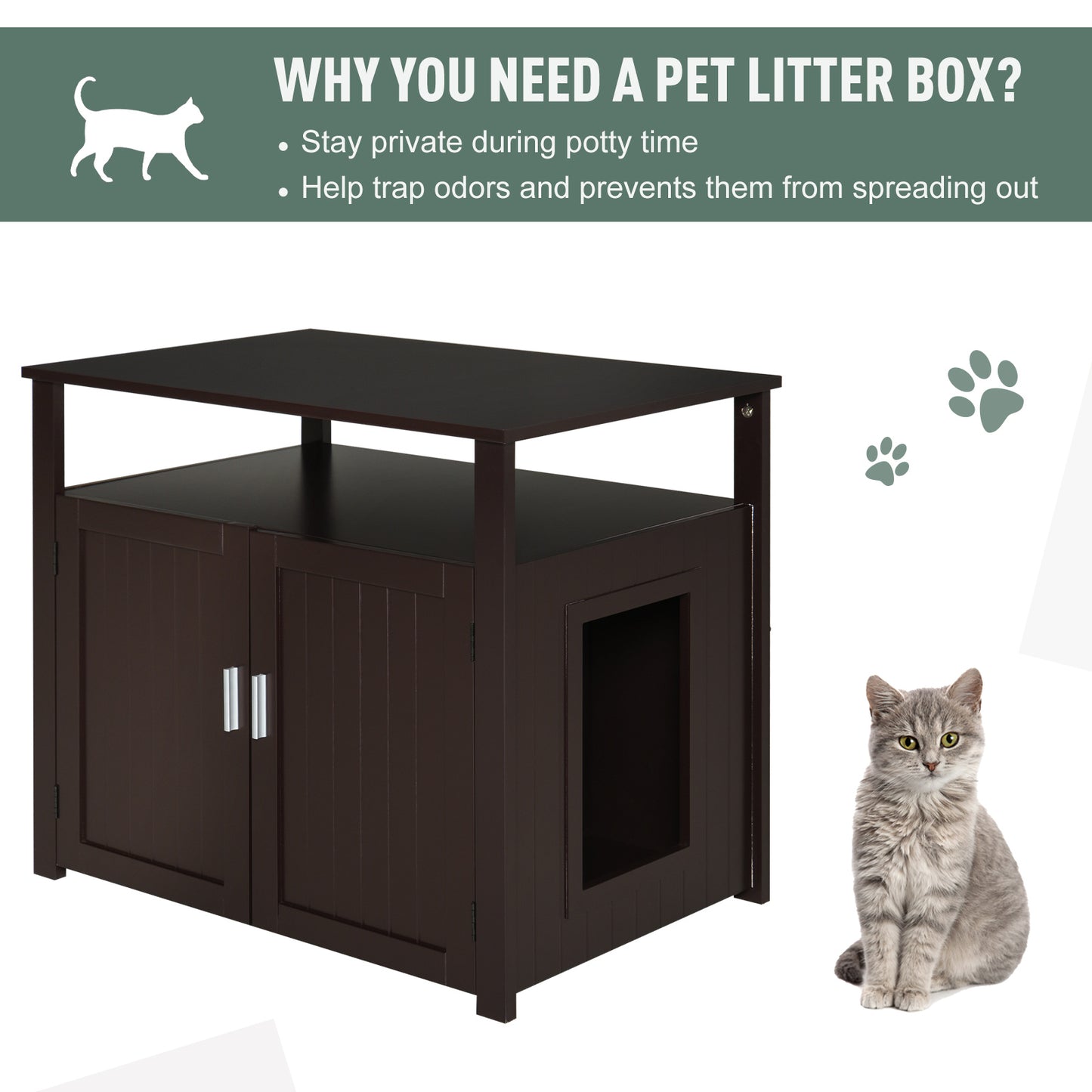 Pawhut Wooden Cat Litter Box Enclosure Furniture with Adjustable Interior Wall & Large Tabletop for Nightstand, Brown