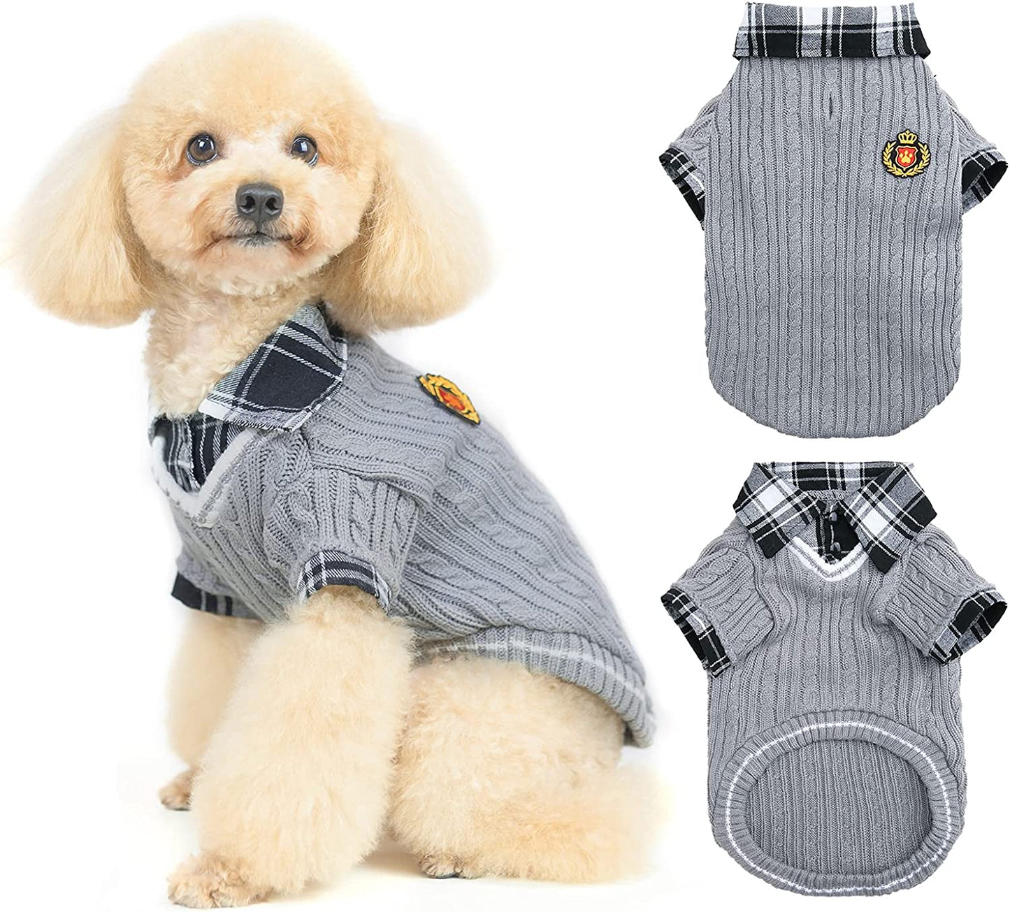 PUPTECK Soft Warm Dog Sweater Cute Knitted Dog Winter Clothes Classic Plaid Dog Coats for Cats Small Medium Puppy Dogs Animals & Pet Supplies > Pet Supplies > Dog Supplies > Dog Apparel PUPTECK Grey M: chest girth: 22", back length: 16" 