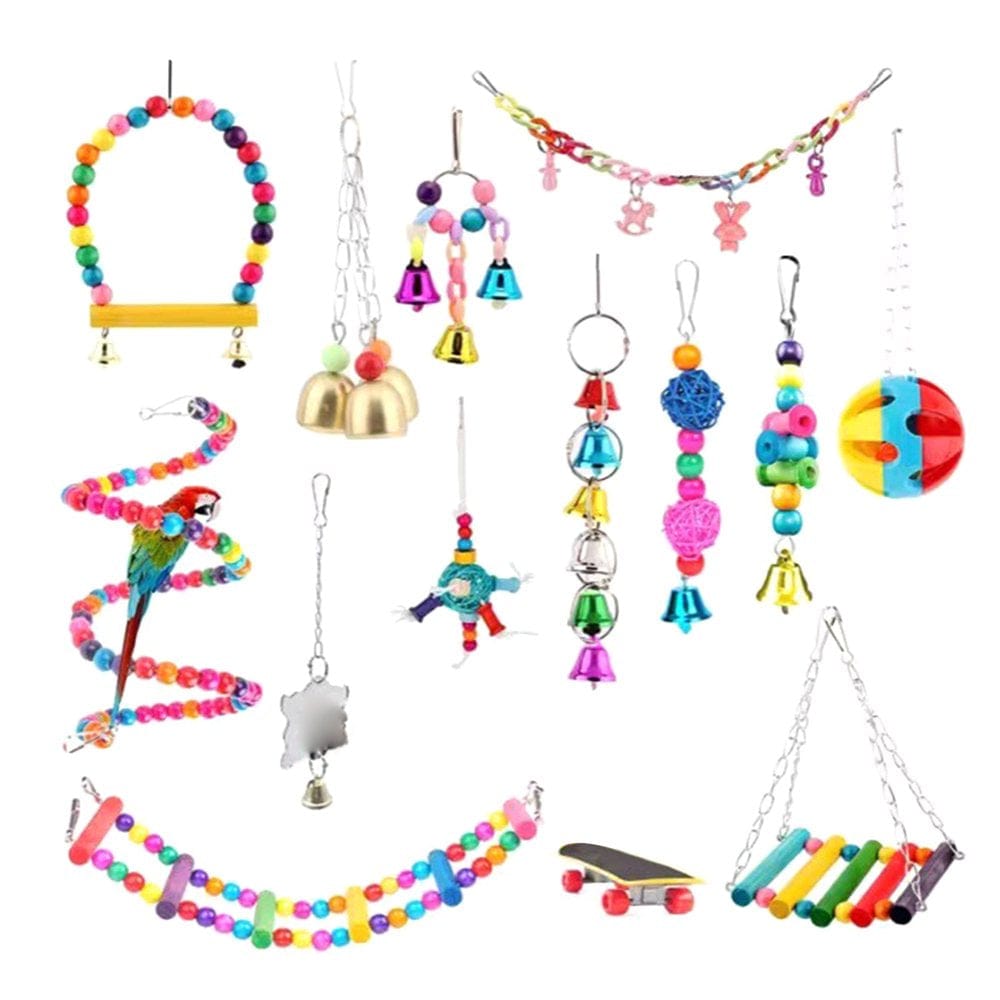 14 Pcs Bird Training Toys Parrot Chew Toy Safe Swing Ladder Perch Mirror Skateboard for Budgie Parakeet Cockatiel Macaw