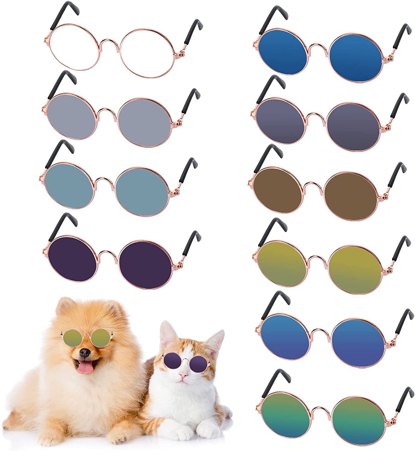 Molain Pet Sunglasses- Cat UV Protection Classic Retro Small Dog Sun Glasses Dolls round Sunglasses Party Cosplay Costume Photo Props Cute Funny Sunglasses (4Pcs) Animals & Pet Supplies > Pet Supplies > Dog Supplies > Dog Apparel Molain 10Pcs-Round Classic Cat Sunglasses  