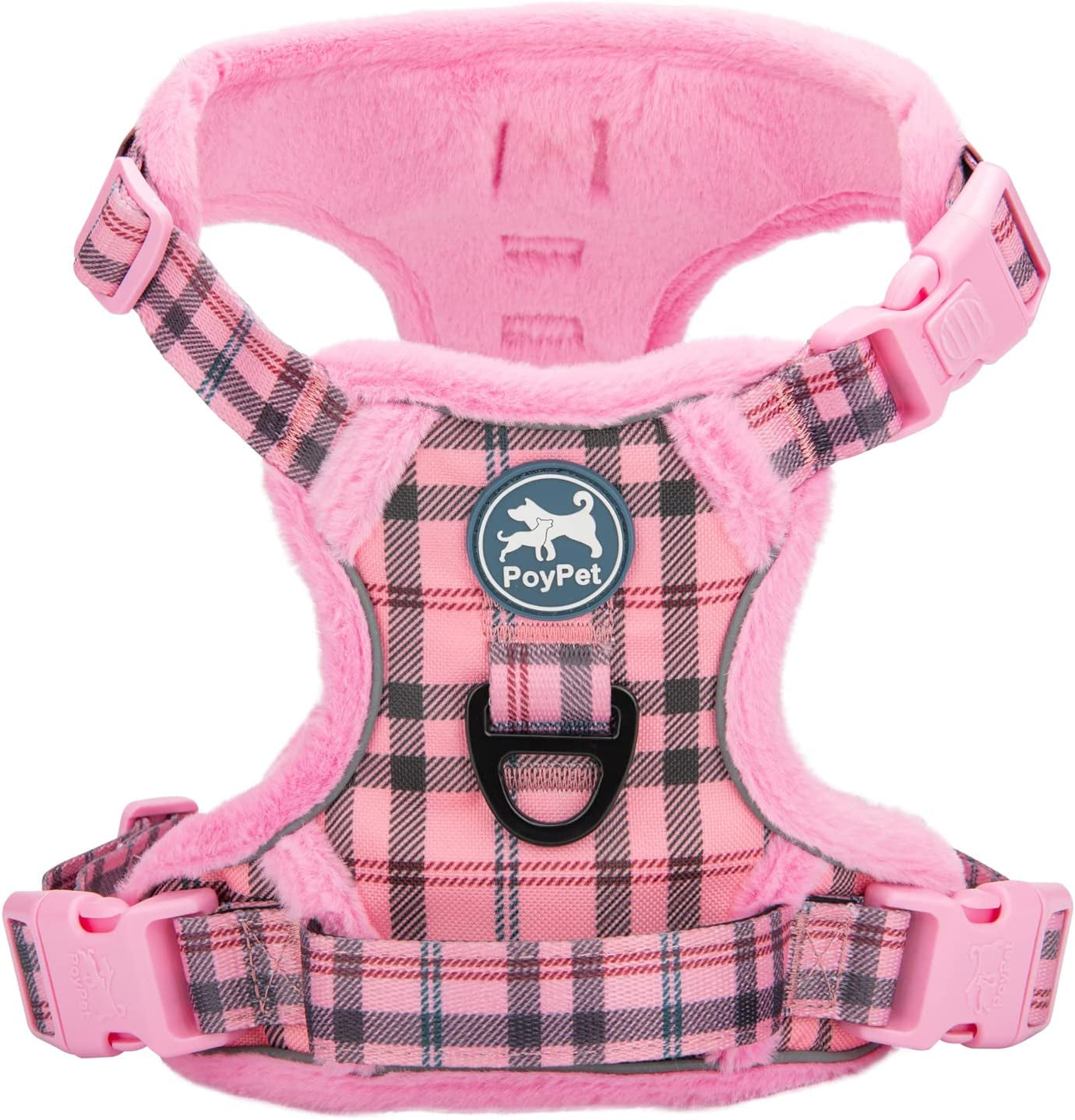 Poypet Plush Dog Harness, Soft Padded No Pull Vest Harness, Reflective Adjustable Escape Proof with Easy Control Handle for Small Medium Large Dogs(Checkered Red,L) Animals & Pet Supplies > Pet Supplies > Dog Supplies > Dog Apparel PoyPet Checkered Pink S 