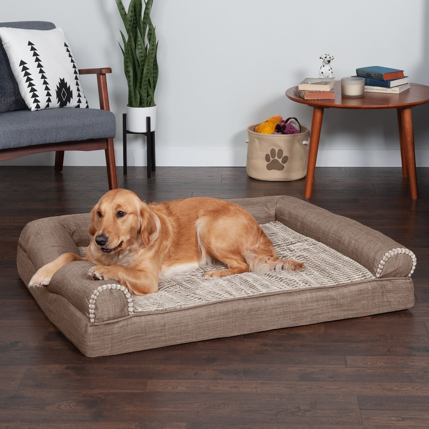Furhaven Pet Products Cooling Gel Memory Foam Orthopedic Luxe Fur & Performance Linen Sofa-Style Couch Pet Bed for Dogs & Cats, Woodsmoke, Jumbo Animals & Pet Supplies > Pet Supplies > Cat Supplies > Cat Beds FurHaven Pet   