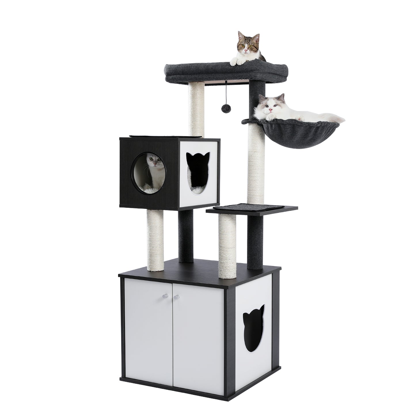 PAWZ Road Wooden Cat Tree Tower Hidden Enclosed Cat Litter Box 59" Black