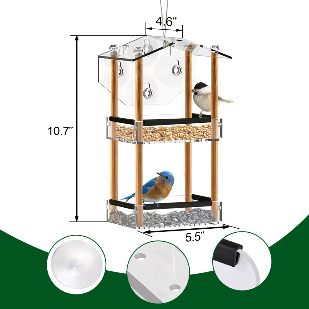 HHXRISE Window Bird Feeder with Strong Suction Cups, Outdoor Acrylic Bird House with 2 Tiers Seed Tray, Large Weatherproof Birdfeeder for Wild Birds, Finch, Cardinal, and Bluebird, Brown Animals & Pet Supplies > Pet Supplies > Bird Supplies > Bird Food HHXRISE   