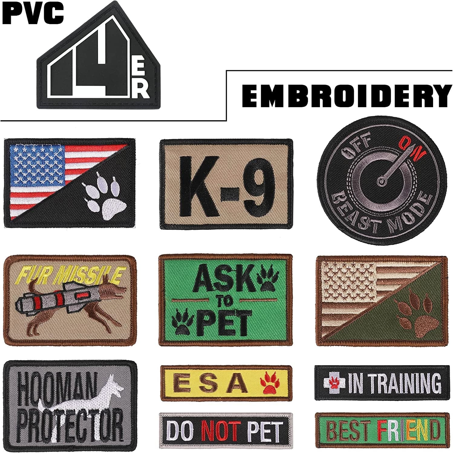 14Er Tactical K9 Unit Dog Patches Embroidered Service Animal, Ask to Pet, Do Not Pet, Therapy Dog in Training, ESA Hook and Loop Patches for Dog Vest, Military Harness, Collar and Leashes (12-Pack) Animals & Pet Supplies > Pet Supplies > Dog Supplies > Dog Apparel 14er Tactical   