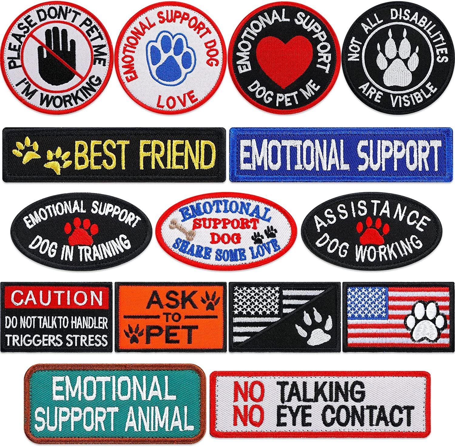  12 Pack in Training Service Dog Patches for Vest, 8 Embroidered  Designs for Support Animal Harness, Do Not Pet Signs : Pet Supplies