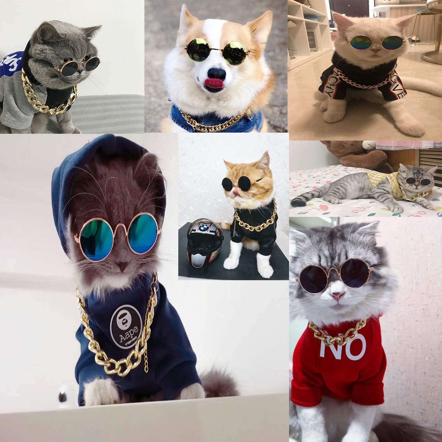 Legendog Glasses for Cats, 2Pcs Cat Glasses Cat Gold Chain and Cat Sunglasses, Fashion Cool Pet Sunglasses Adjustable Pet Gold Chain Set for Cats and Small Dogs Animals & Pet Supplies > Pet Supplies > Dog Supplies > Dog Apparel Legendog   