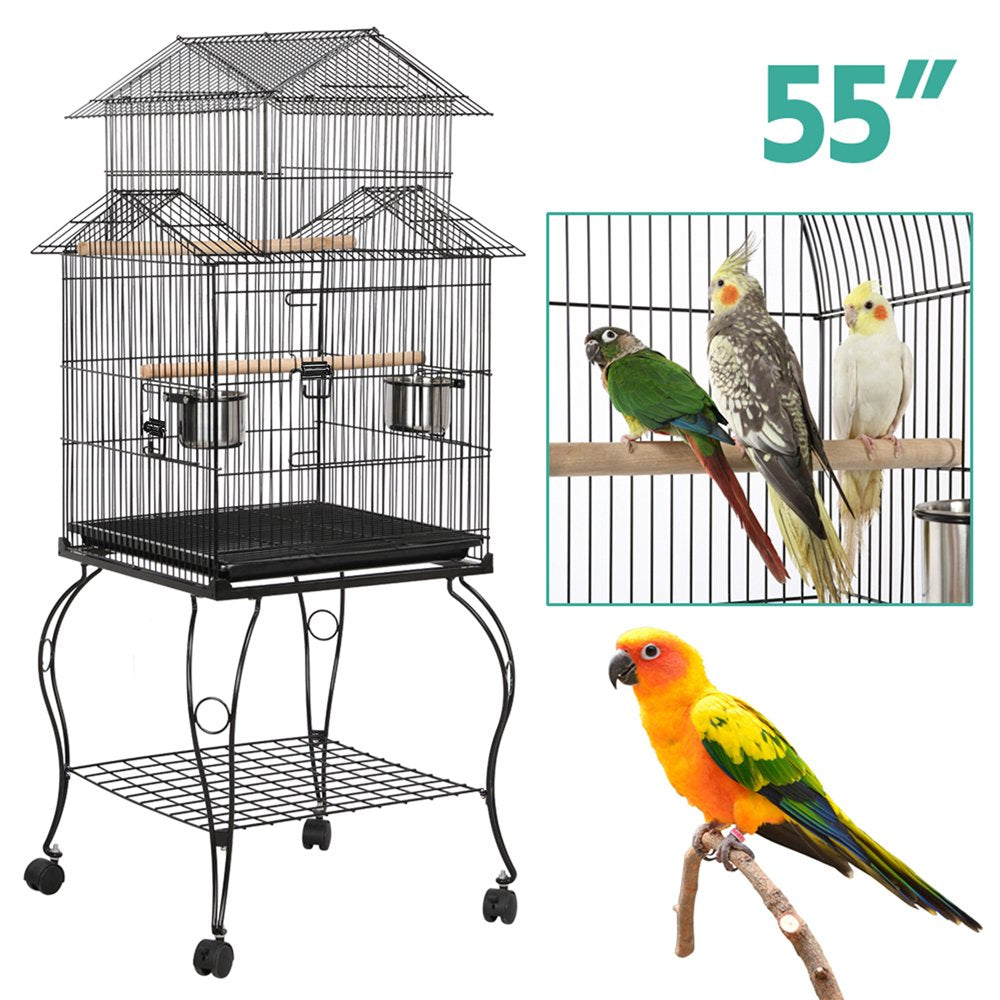 Smilemart Metal Rolling Bird Cage with Triple Roof Detachable Stand for Birds Finches Lovebirds Canaries Cockatiels Conures Parakeets, Black Animals & Pet Supplies > Pet Supplies > Bird Supplies > Bird Cages & Stands SmileMart   