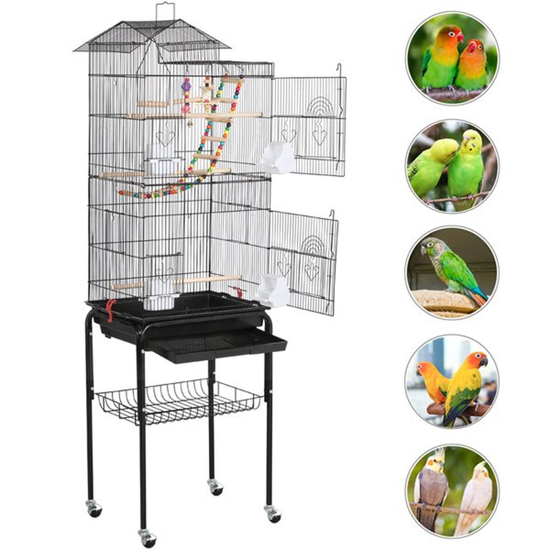 Topeakmart 62.4'' H Rolling Metal Bird Cage with Detachable Stand & Toys, Black Animals & Pet Supplies > Pet Supplies > Bird Supplies > Bird Cages & Stands Topeakmart   