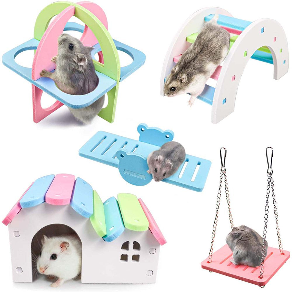 Dwarf Hamsters House DIY Wooden Gerbil Hideout Rainbow Bridge Swing and PVC Seesaw , Pet Sport Exercise Toys Set, Sugar Glider Syrian Hamster Cage Accessories, Suitable for Small Animal Habitat Animals & Pet Supplies > Pet Supplies > Small Animal Supplies > Small Animal Habitats & Cages KOL PET   