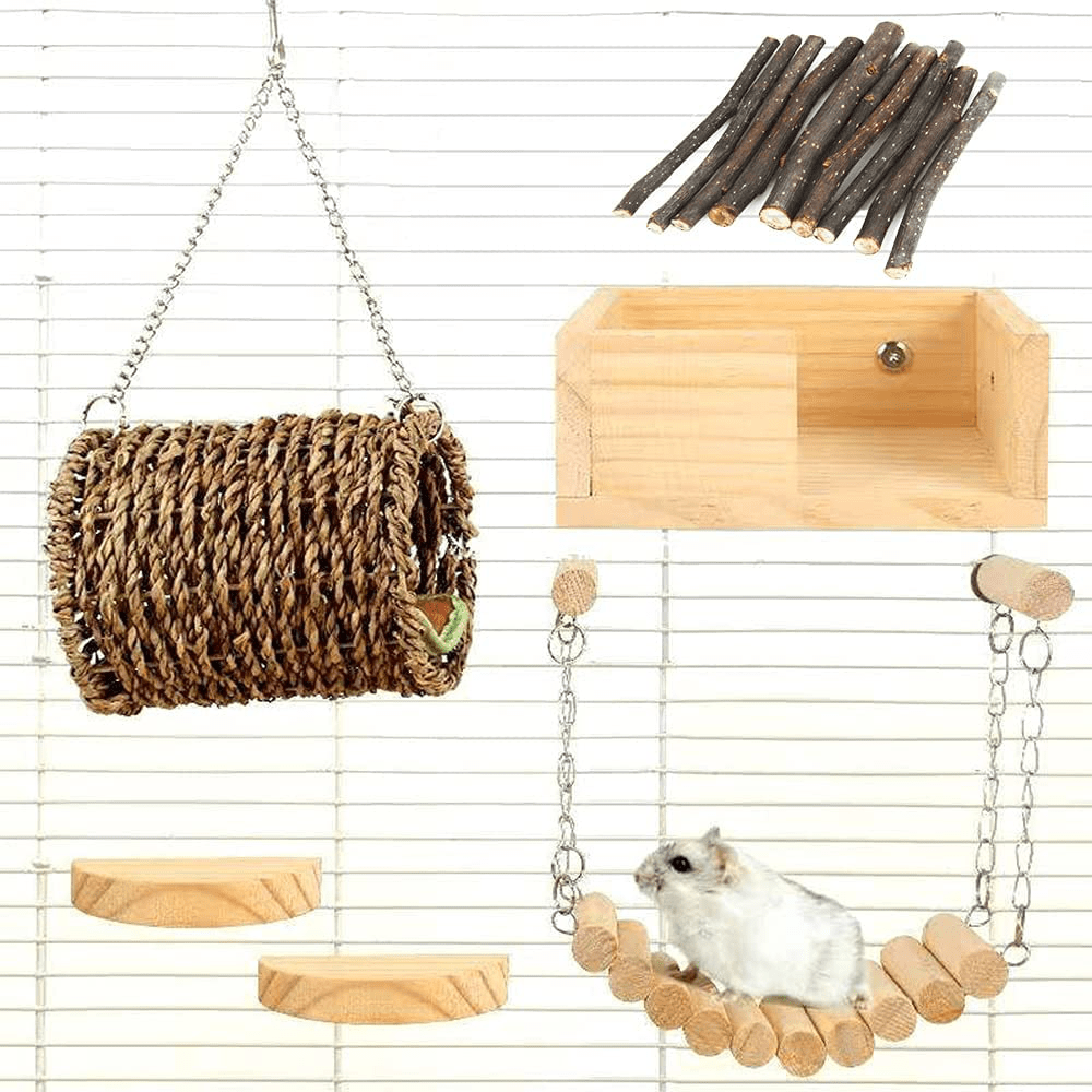 15Pcs Pet Toys Squirrel Gerbil Chinchilla and Dwarf Hamster Bird Hanging Toys, 3 Wooden Pedal Platforms, Straw Nest, Hammock,10 Apple Sticks Chew Toys,Cage Accessories for Small Animal Habitat Animals & Pet Supplies > Pet Supplies > Small Animal Supplies > Small Animal Habitat Accessories lenpestia   