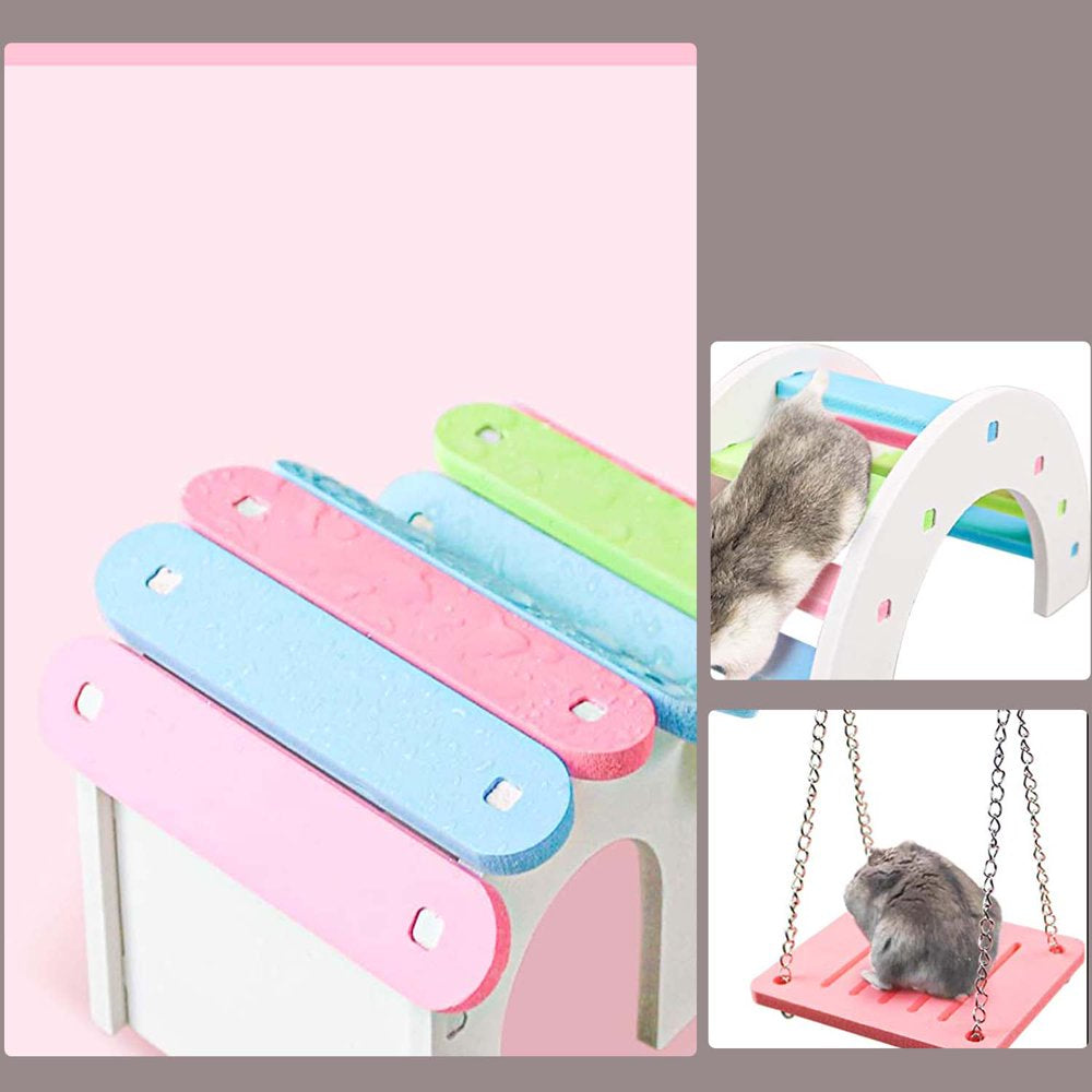 Dwarf Hamsters House DIY Wooden Gerbil Hideout Rainbow Bridge Swing and PVC Seesaw , Pet Sport Exercise Toys Set, Sugar Glider Syrian Hamster Cage Accessories, Suitable for Small Animal Habitat