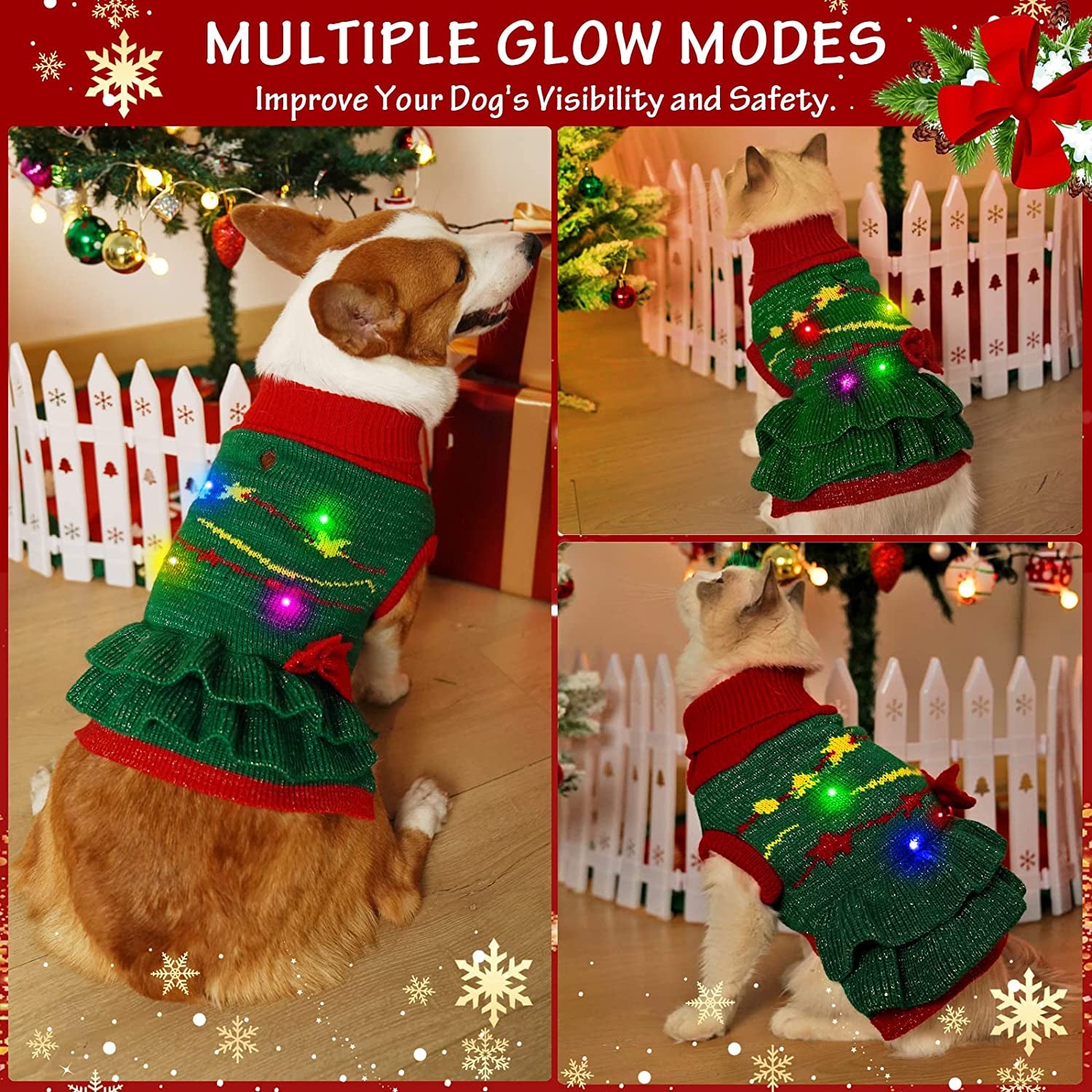 T2Y Cat Christmas Sweater - Cat Dog Costume with LED Lights, Turtleneck Cat Christmas Outfit with Leash Holes, Warm Clothes for for Kitten & Puppy, Gift for New Year (Extra Small Animals & Pet Supplies > Pet Supplies > Dog Supplies > Dog Apparel T2Y   