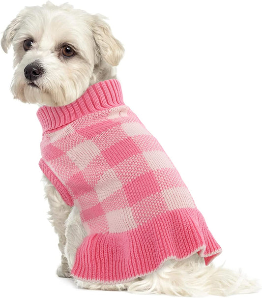 IDOMIK Dog Sweater Dress Turtleneck Doggie Plaid Sweaters, Pullover Knitted Warm Winter Dog Clothes with Leash Hole Fall Winter Warm Pet Knitwear Vest Xmas Coat for Small Medium Dogs Puppies Bulldog Animals & Pet Supplies > Pet Supplies > Dog Supplies > Dog Apparel IDOMIK Pink Small 